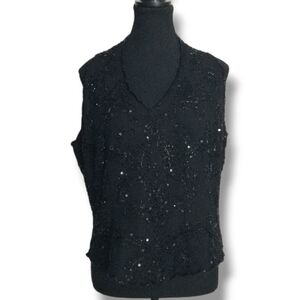 Vintage Hand-Beaded Black Evening Top · Sequined Embellished Sleeveless Blouse